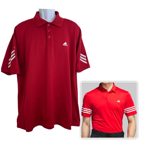 Adidas Golf Polo Shirt 3 Stripes Mens XL Red Performance Short Sleeve - Picture 1 of 11